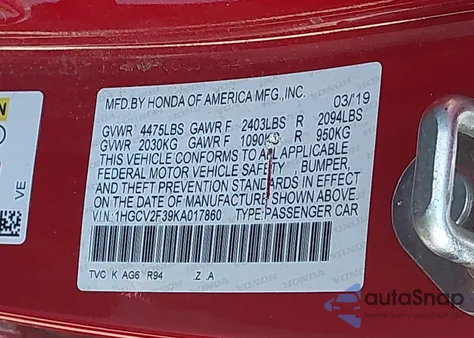 2019 Honda Accord Sport 2.0T z USA, uszkodzony, nr VIN 1HGCV2F39KA017860